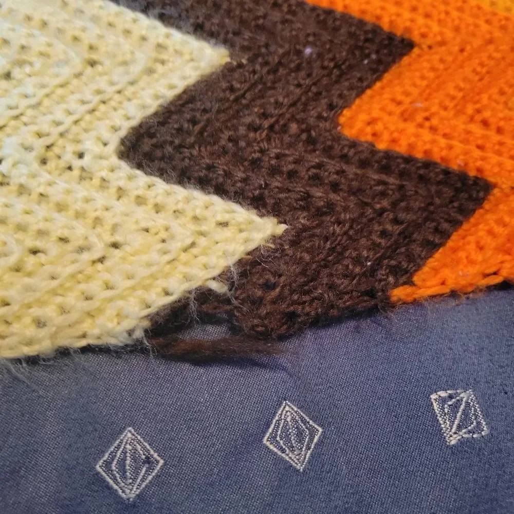 Vintage 70s Afghan Crochet Handmade Orange & Brown Chevron Knit Blanket Throw